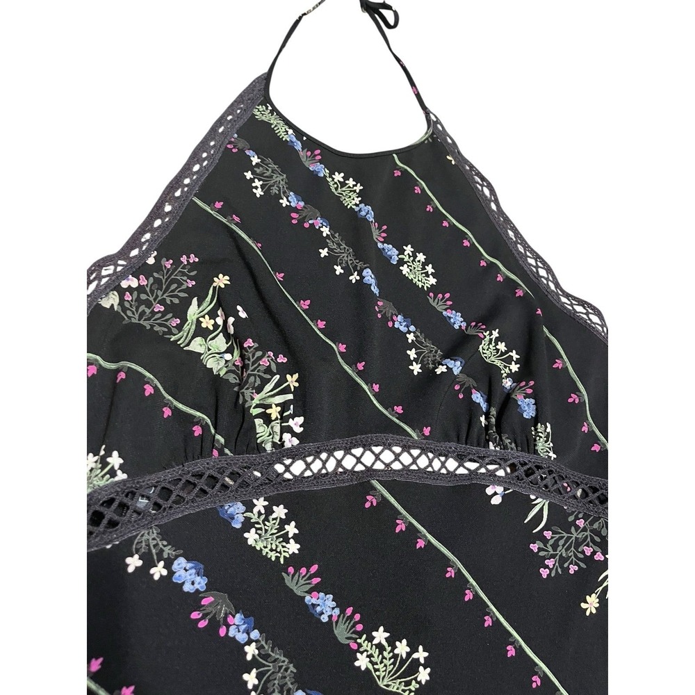 BCBG Max Azria Black Floral Stripe Halter Maxi Dress Crochet Trim Cutout Back - Picture 6 of 8